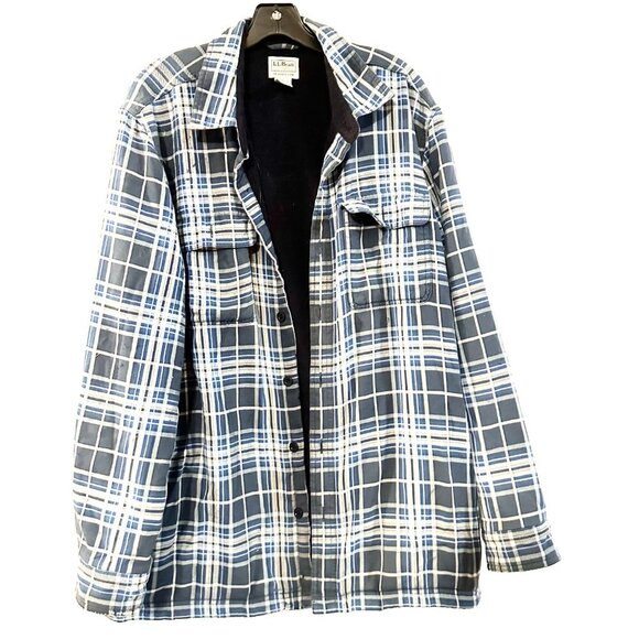 LL Bean Flannel Shirt/Jacket Large Cotton Blue Plaid Fleece Lined Tradition - Picture 3 of 5